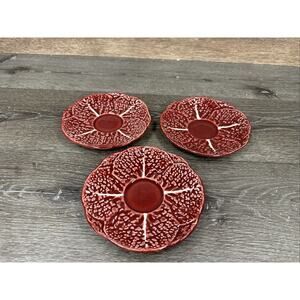 1950s Secla Majolica Portugal Secla Deep Red Cabbage Leaf 6-1/8”Saucer Set Of 3